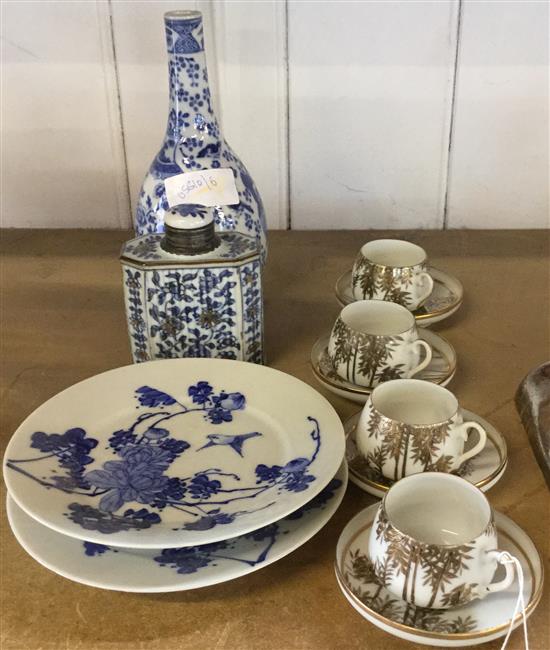 Chinese blue and white bottle vase, 2 plates and satsuma tea cups